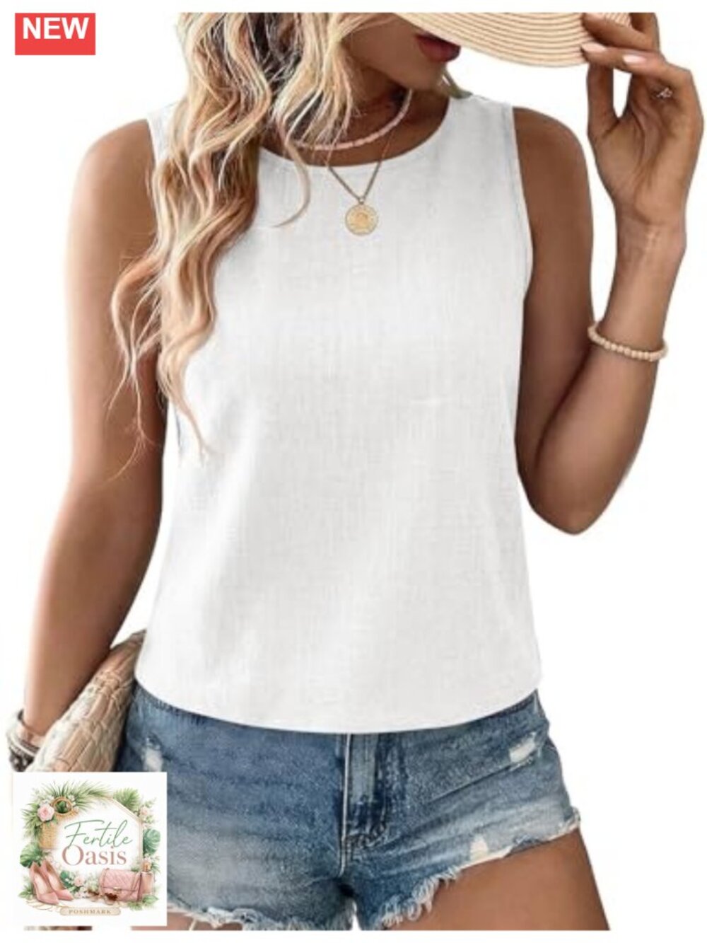 Cotton Linen Tank Top Women Sleeveless Crewneck Basic Blouse Summer
